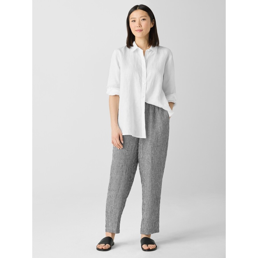 Eileen Fisher Puckered Organic Linen Tapered Pant Womens XS Gingham